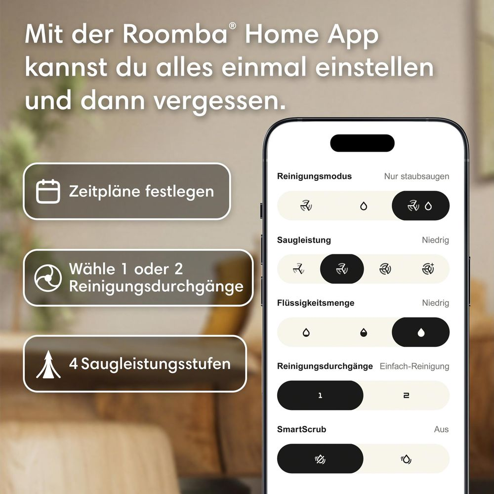 Un teléfono muestra la app Roomba Home y tres cuadros informativos sobre un fondo borroso.