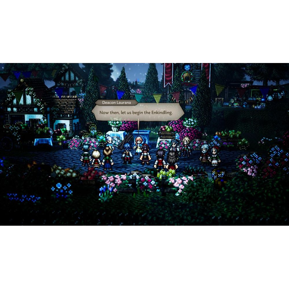 Postacie w stylu pixel art gromadzą się w nocy w kolorowej, ukwieconej wiosce z dymkiem dialogowym.