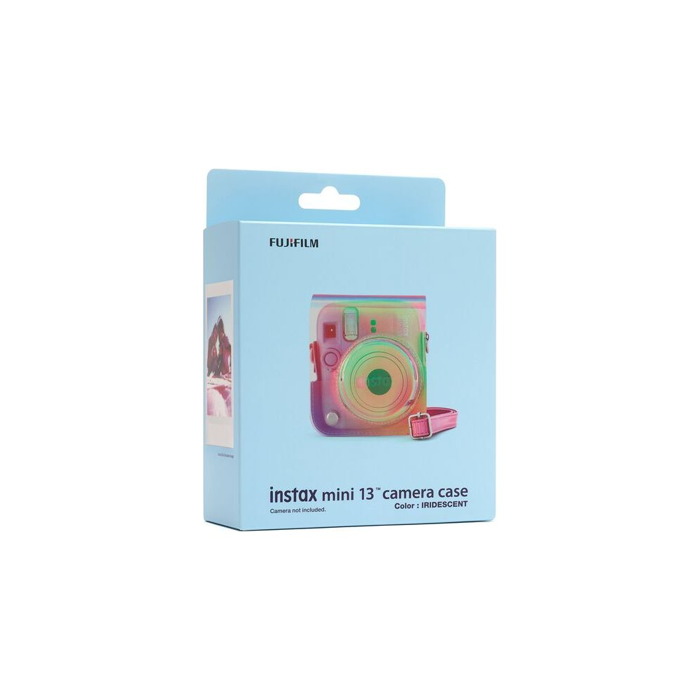 Caja de funda de cámara Fujifilm Instax mini 12 azul claro con una imagen iridiscente.