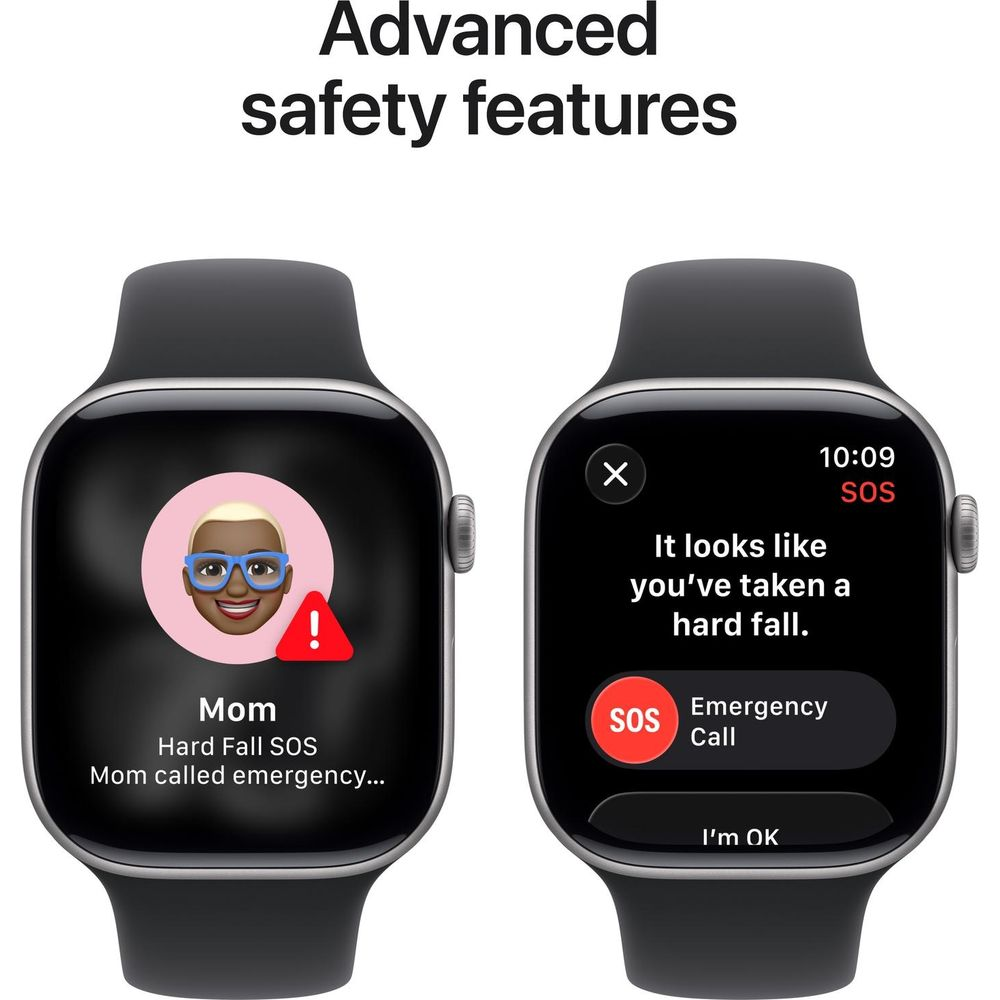 Due smartwatch mostrano avvisi di sicurezza; uno mostra una caduta e l'altro una chiamata di emergenza.