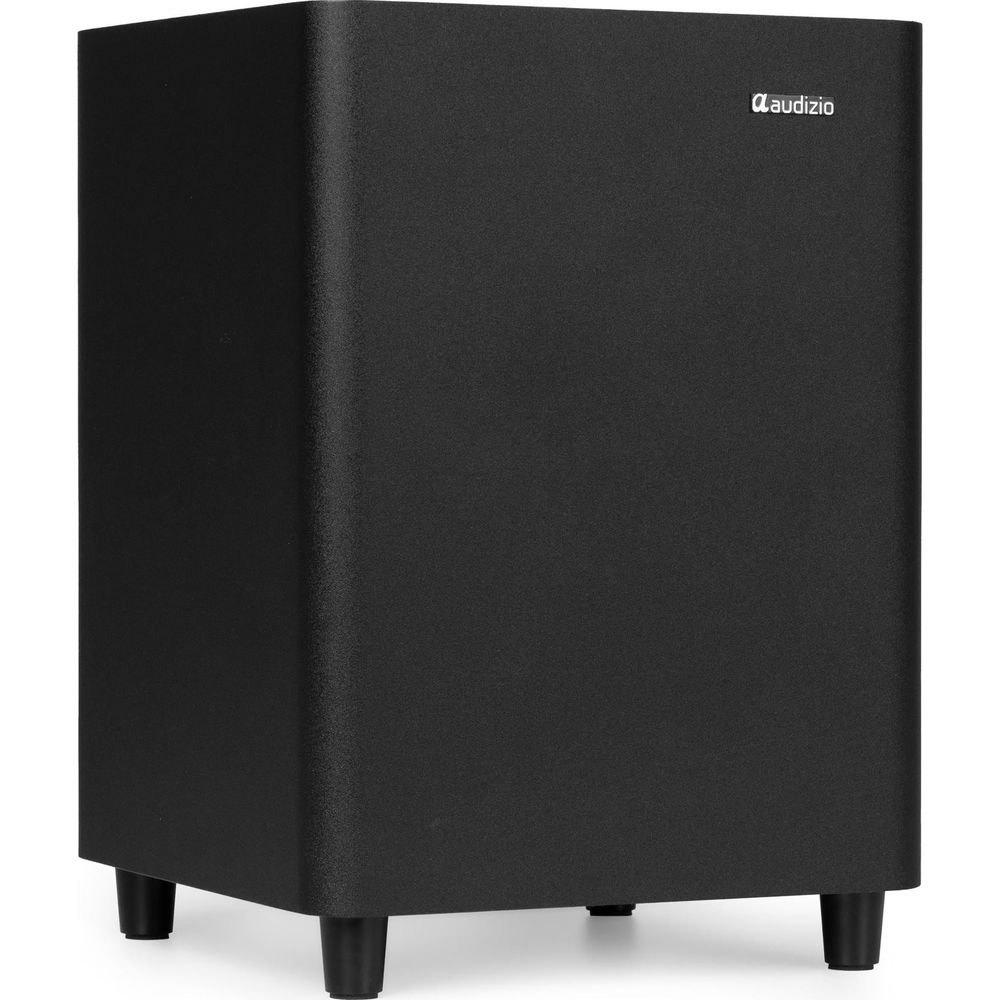 Un subwoofer Audizio negro sobre cuatro patas cortas con fondo blanco.