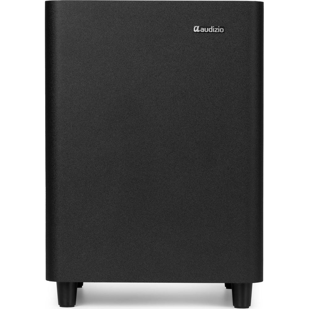 Un subwoofer negro Audizio con cuatro patas cortas sobre fondo blanco.
