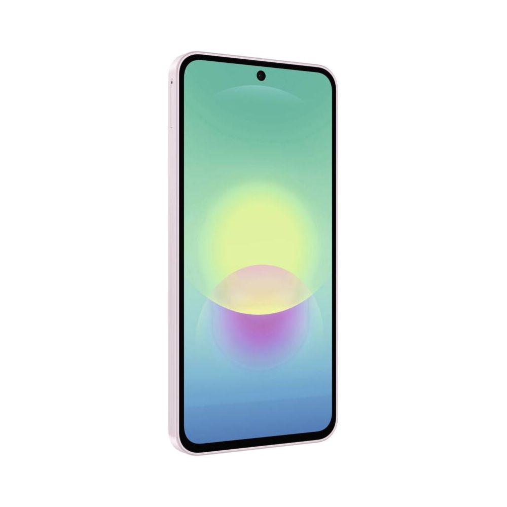 Un teléfono inteligente con pantalla en degradado azul claro y verde muestra un disco brillante rosa y amarillo.