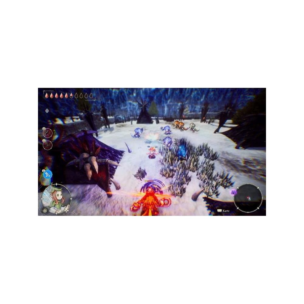 Escena de videojuego de fantasía con personajes luchando en el suelo nevado.