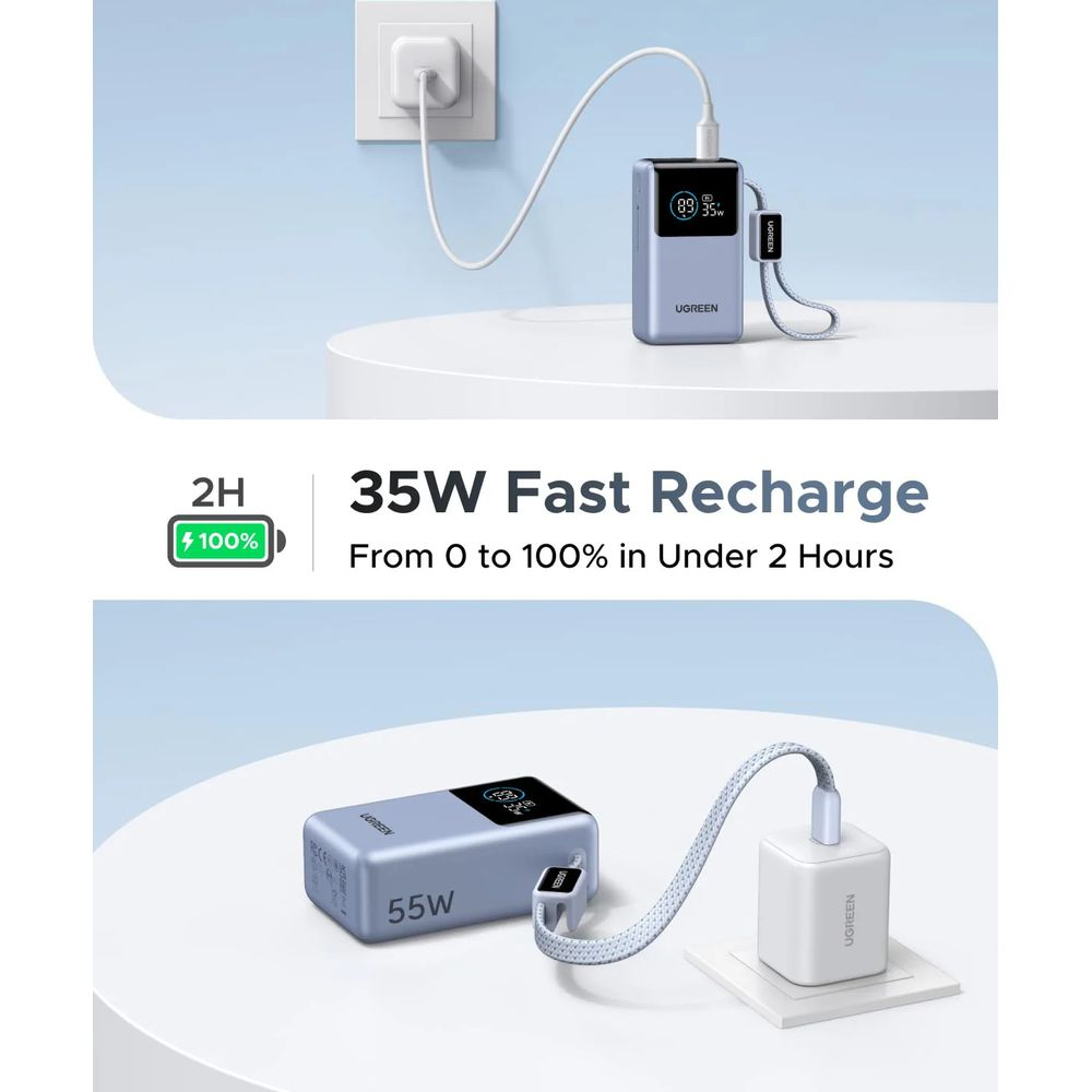 Niebieski powerbank Ugreen z szybkim ładowaniem 35W i cyfrowym wyświetlaczem na białym stole.