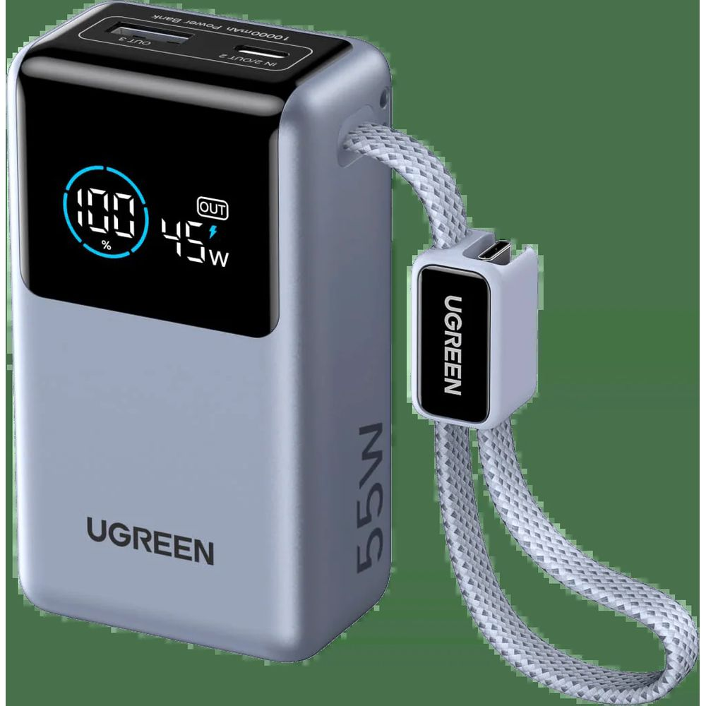 Szary powerbank UGREEN z cyfrowym wyświetlaczem, portami USB i plecionym paskiem.