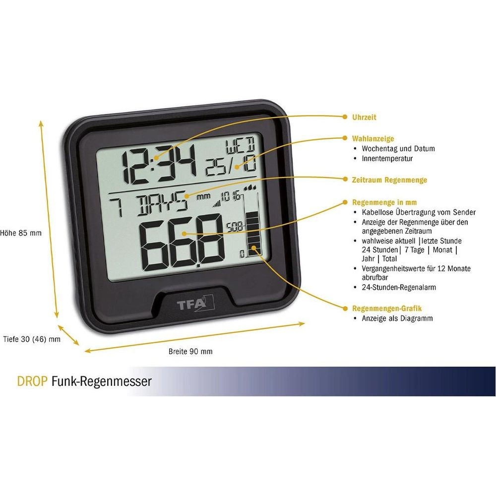 Digitale TFA Funk-Regenmesser Station mit LCD-Bildschirm und Messanzeigen.