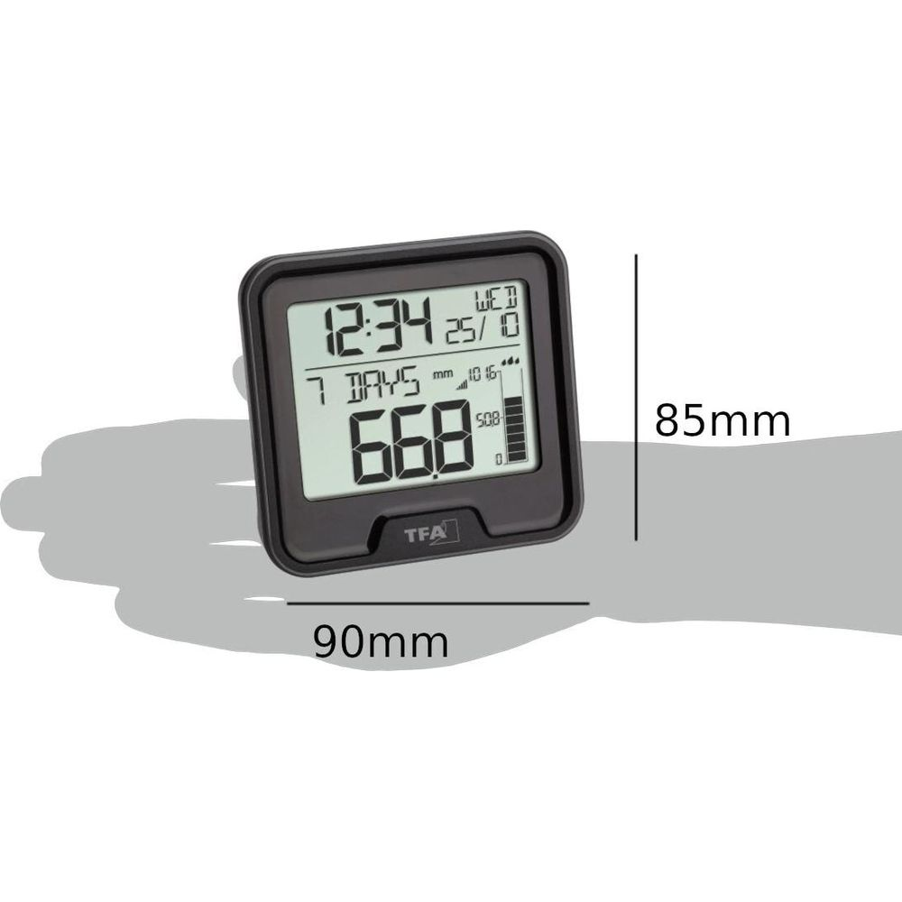 Schwarzes TFA Digitales Messgerät, 90x85 mm groß, mit LCD-Bildschirm.