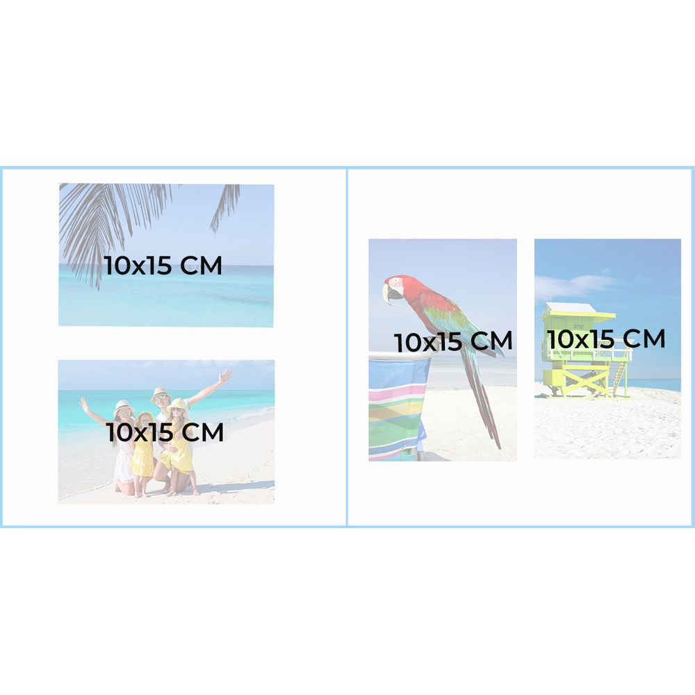 Fotoalbumseite mit vier Strandfotos und 10x15 cm Grössenangaben auf jedem.