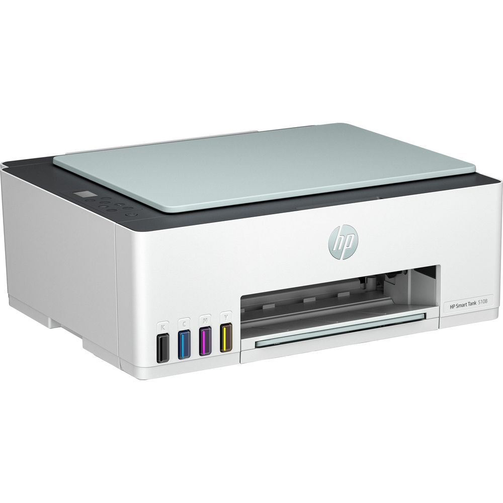 Ein weiß-schwarzer HP Smart Tank Drucker mit sichtbaren Tintentanks vorne auf einem weißen Hintergrund.