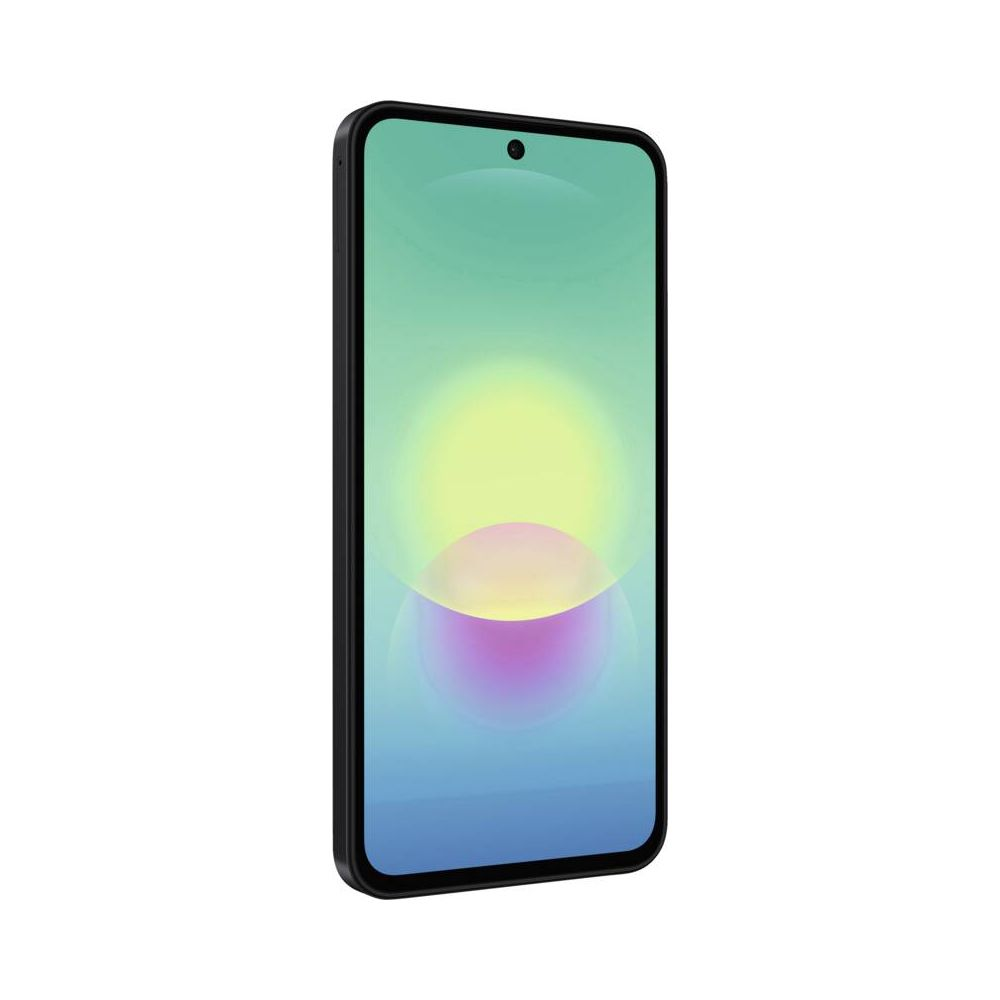 Uno smartphone nero con angoli arrotondati mostra uno sfondo astratto e colorato con luci gialle e viola.