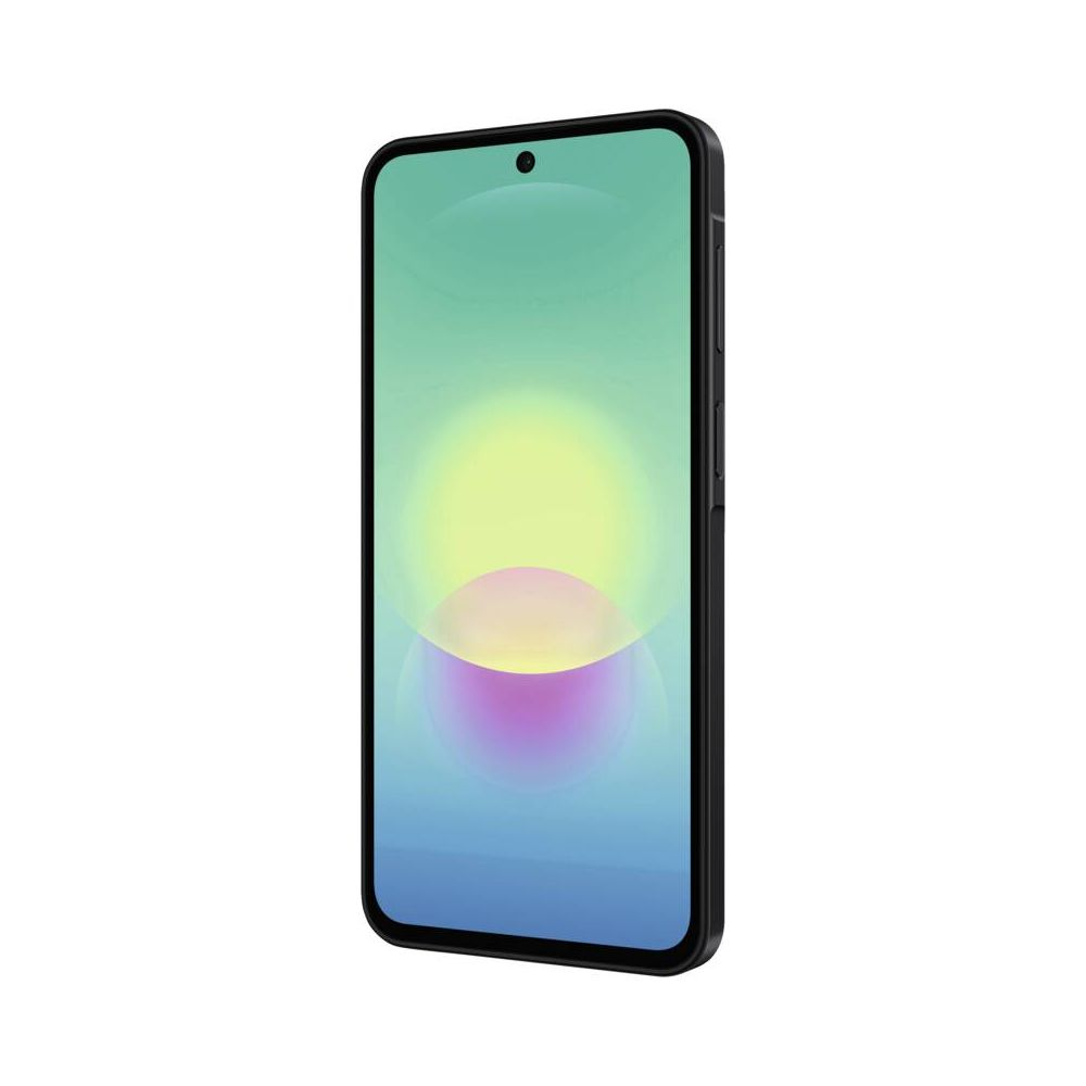 Uno smartphone nero che mostra uno sfondo astratto e colorato sullo schermo.