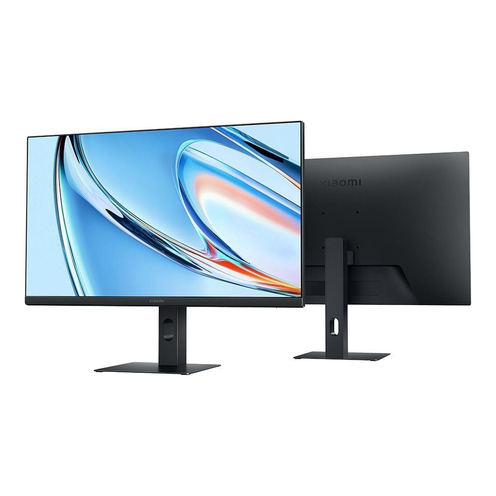 Czarny monitor Xiaomi wyświetla kolorowy ekran z przodu i z tyłu.
