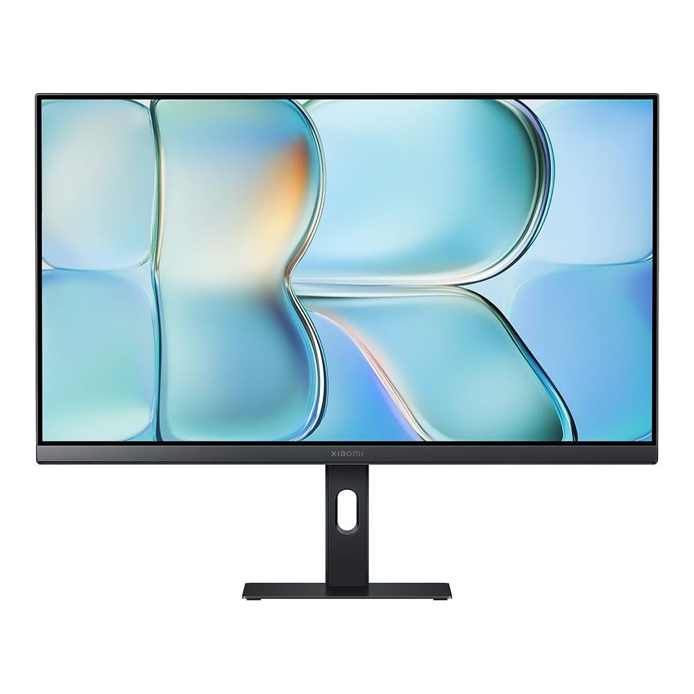 Monitor Xiaomi z cienką ramką wyświetla niebieskie tło z przezroczystymi bąbelkami.