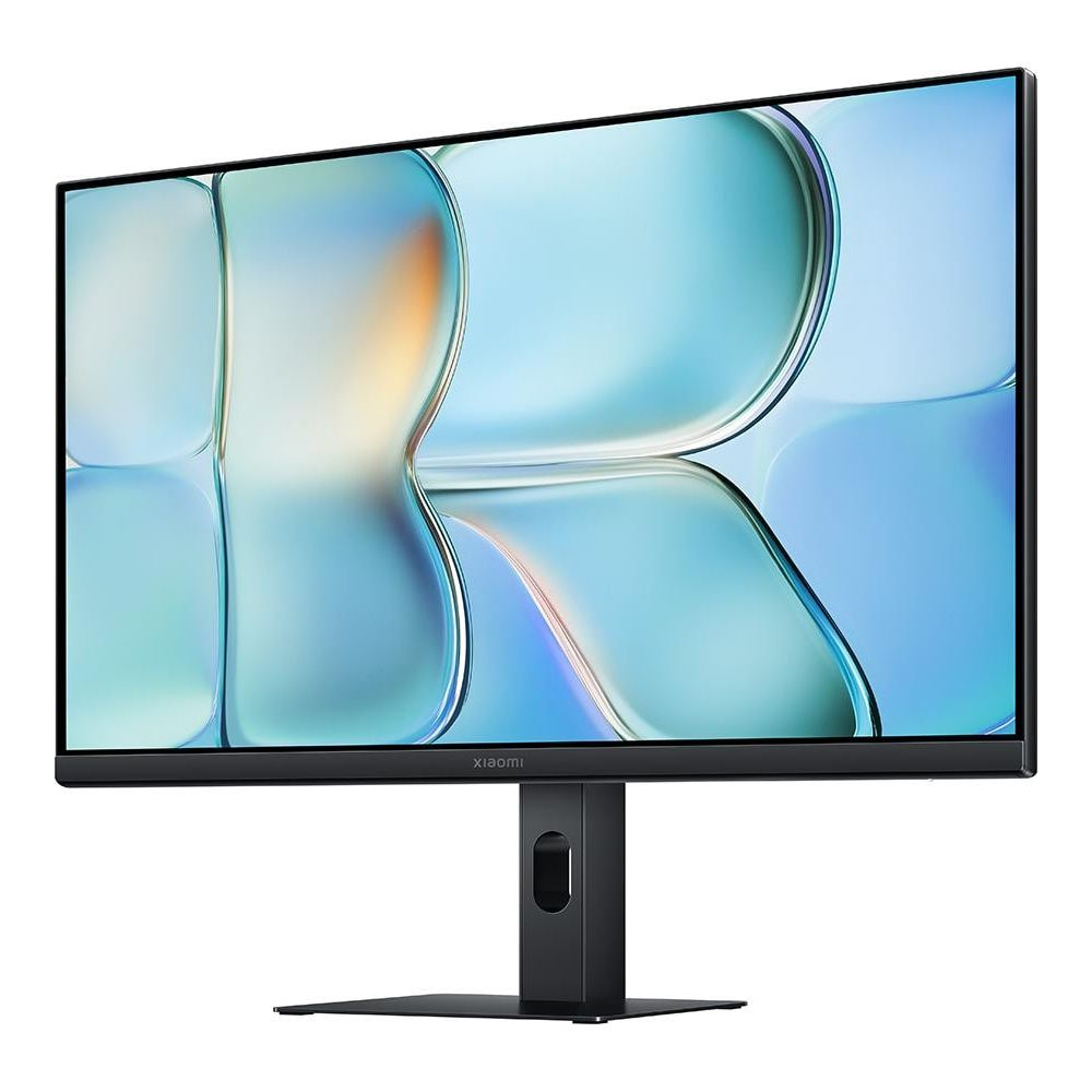 Monitor Xiaomi wyświetlający abstrakcyjne niebiesko-żółte tło stoi na czarnej podstawie.