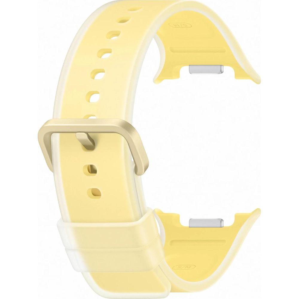 Un cinturino per smartwatch in silicone giallo chiaro con fibbia dorata e bordo traslucido.