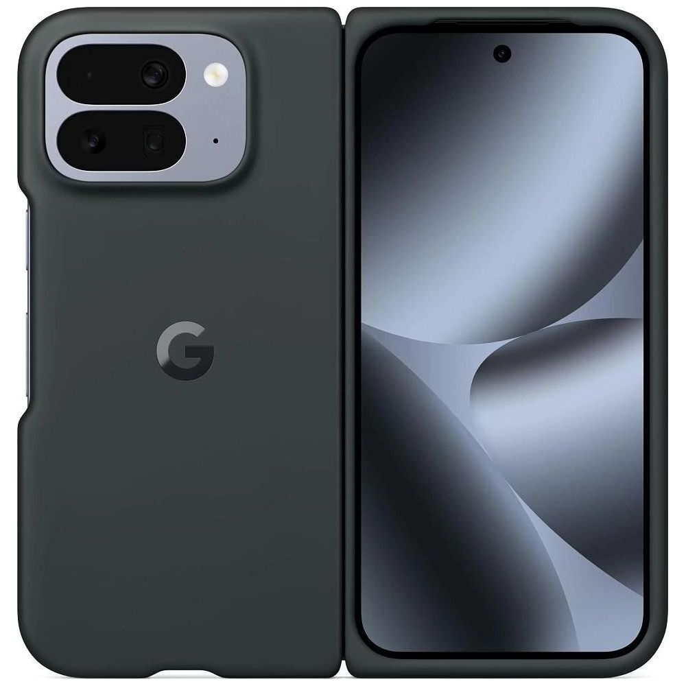 Smartphone plegable verde oscuro abierto, mostrando pantalla frontal y trasera con doble cámara y logotipo de Google.