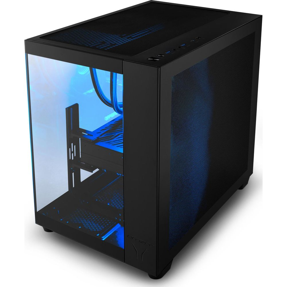 Schwarzes PC-Gehäuse mit Glasfront und blauer Innenbeleuchtung auf weißem Hintergrund.
