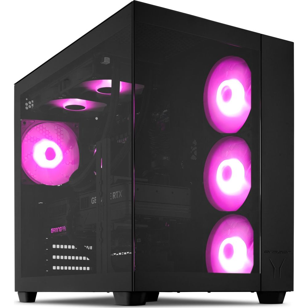 Ein schwarzer Gaming-PC mit hellrosa beleuchteten Lüftern, einer Glasfront und sichtbaren Innenteilen auf weißem Hintergrund.