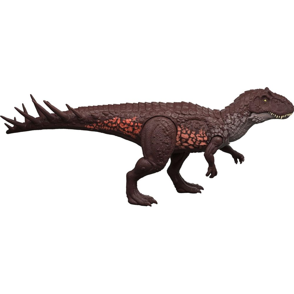 Un juguete de dinosaurio marrón con manchas naranjas en la espalda y púas afiladas en la cola sobre fondo blanco.