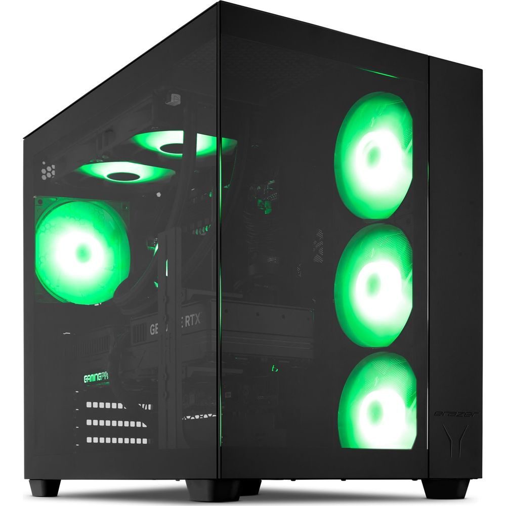 Schwarzer Gaming-PC mit beleuchteten grünen Lüftern und Glastür auf weißem Hintergrund.