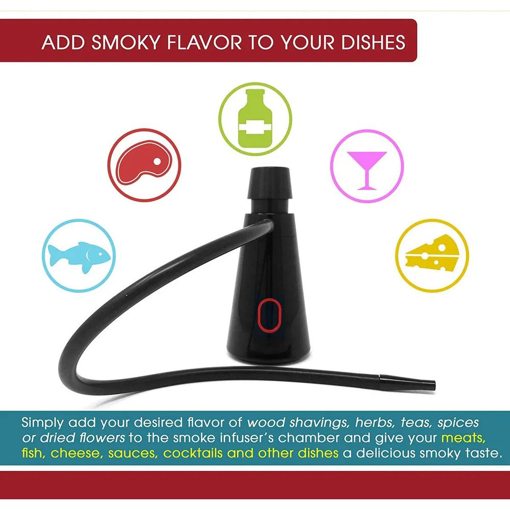 Un infusore di fumo nero con tubo e icone colorate di carne, pesce, bottiglie, cocktail e formaggio.