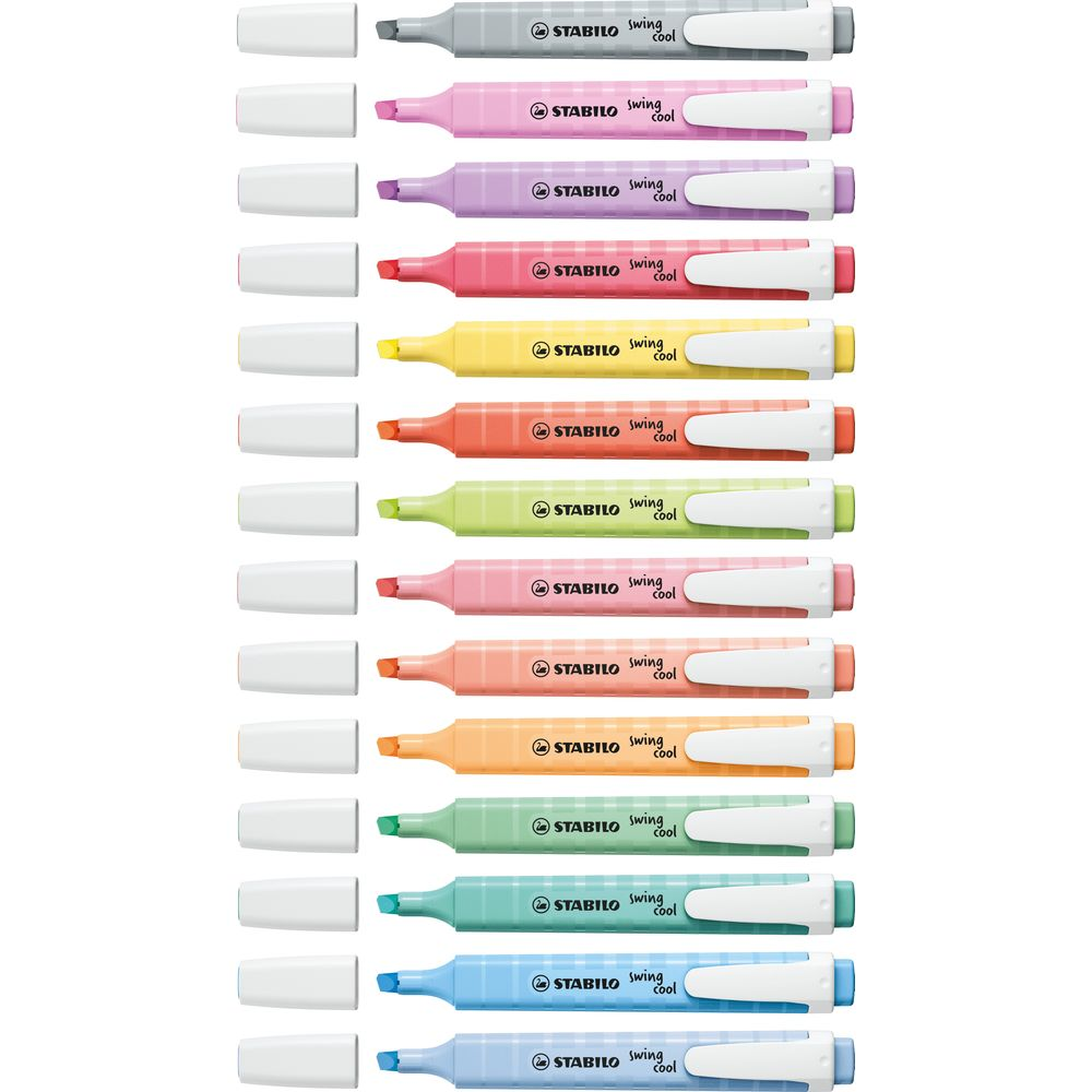Ein Set aus vierzehn bunten Stabilo Swing Cool Textmarker-Stiften mit abgezogenen Kappen auf weißem Hintergrund.