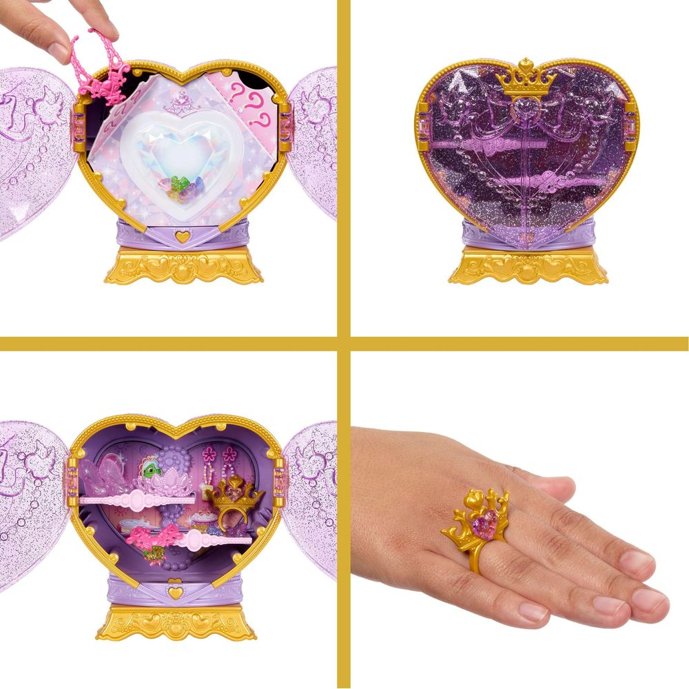 Cuatro paneles muestran un joyero en forma de corazón con accesorios, un estuche cerrado brillante y un anillo de corona.