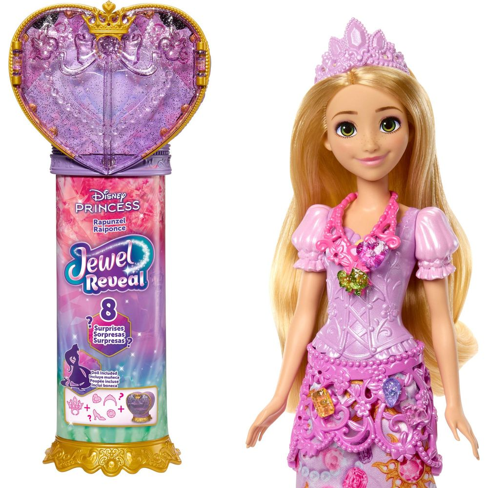 Muñeca Rapunzel con vestido morado y tiara junto a un contenedor misterioso Jewel Reveal.