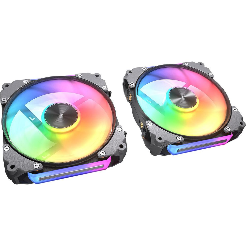 Dos ventiladores de ordenador negros con vibrante iluminación RGB sobre fondo blanco.
