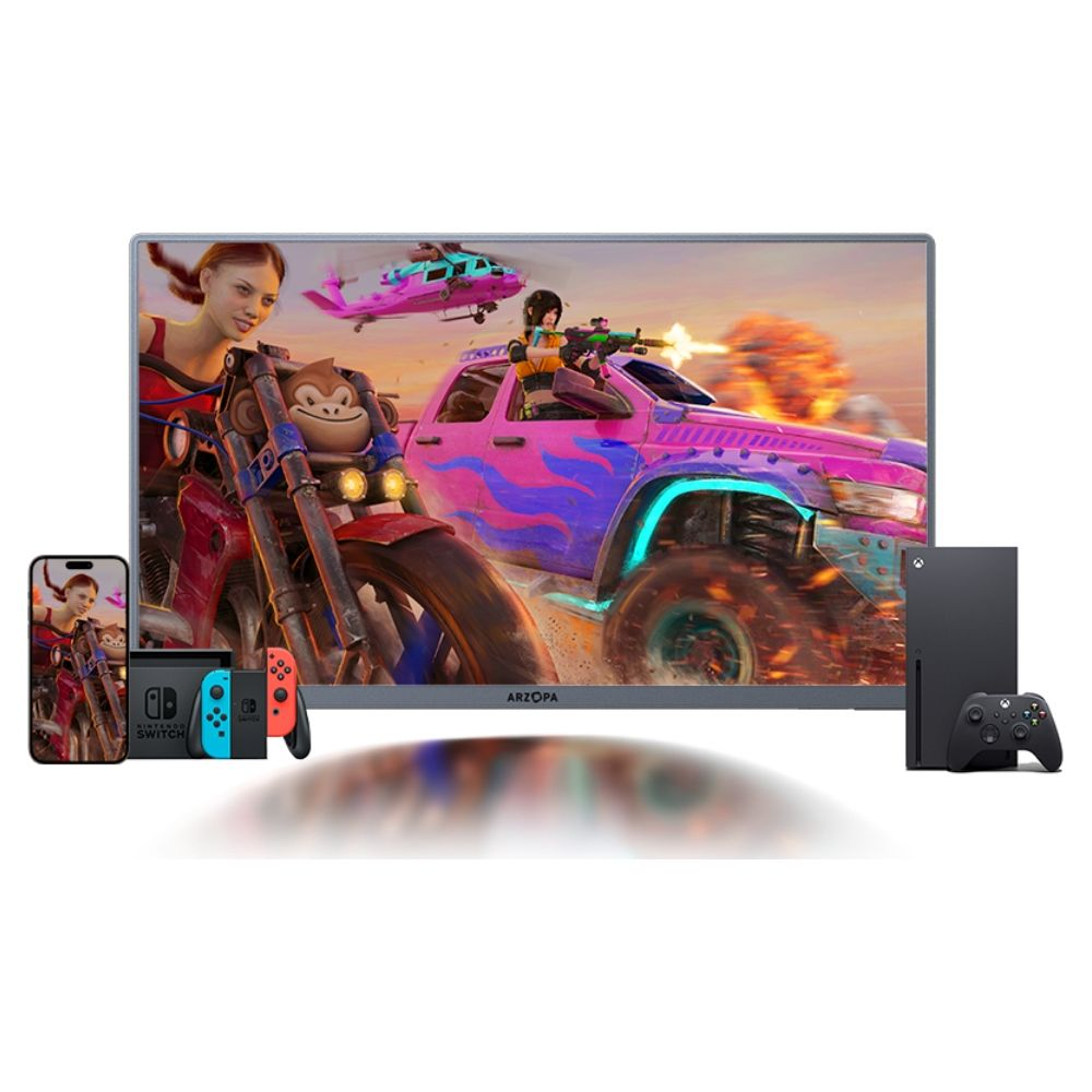 Taşınabilir bir monitör, akıllı telefon, Nintendo Switch ve bir Xbox ile çevrili bir video oyunu gösterir.