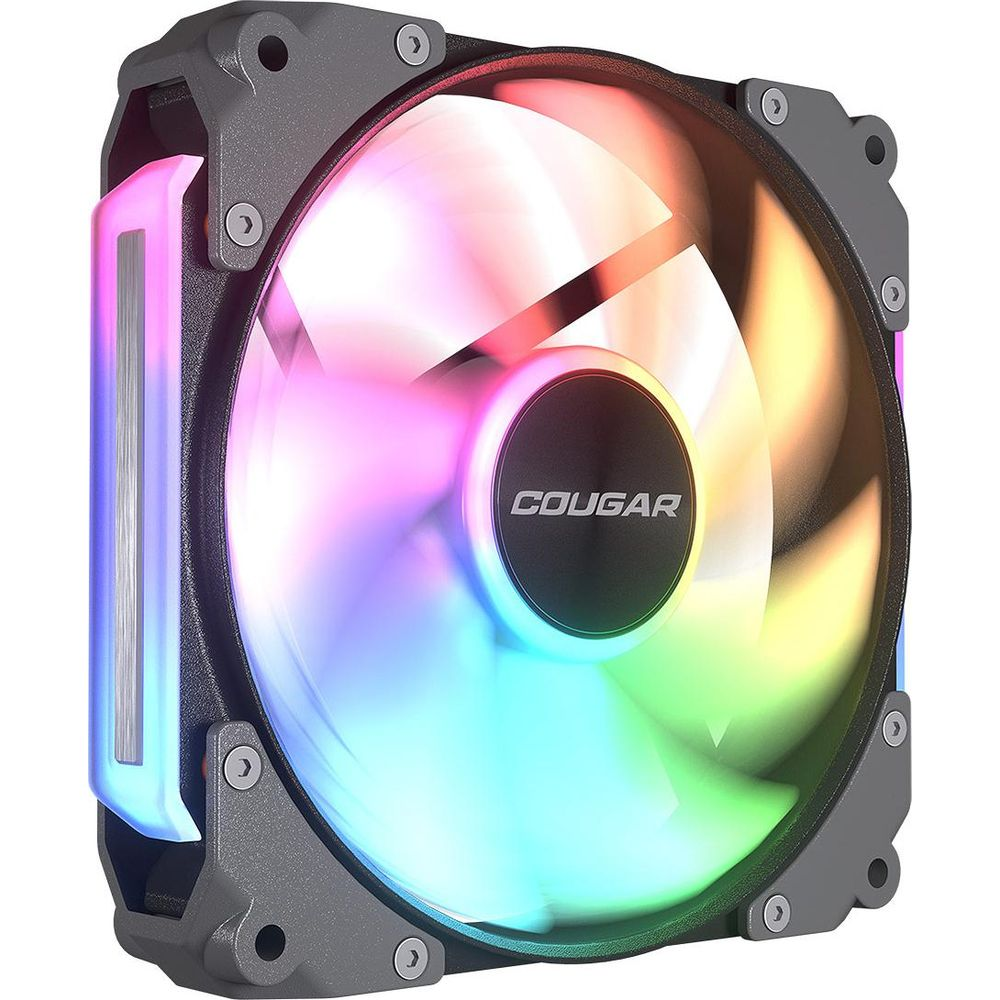 A square Cougar PC cooling fan featuring vibrant RGB lighting on the blades and frame.