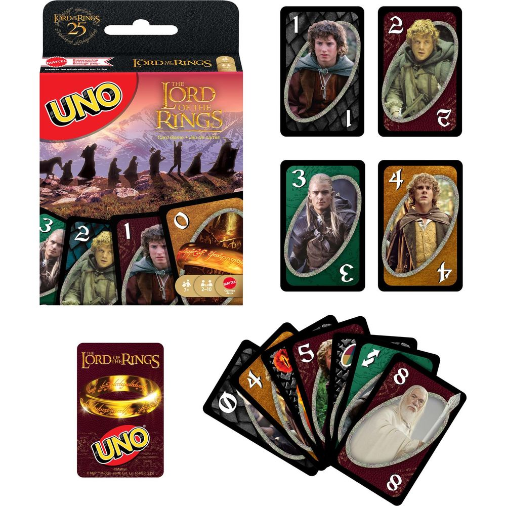 Das Lord of the Rings UNO Kartenspiel zeigt Verpackung und verschiedene Spielkarten mit Charakteren.