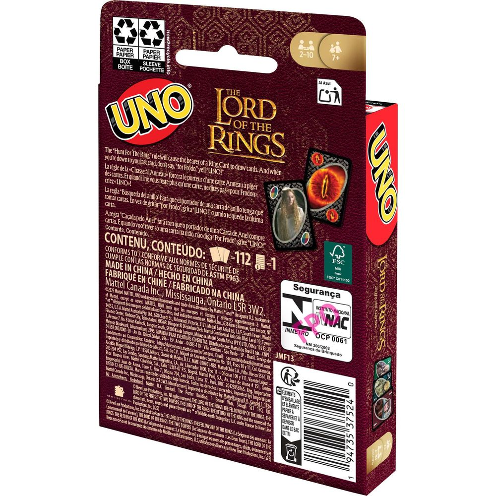 Rückseite einer Uno The Lord of the Rings Kartenspielverpackung mit Text und Produktbildern.