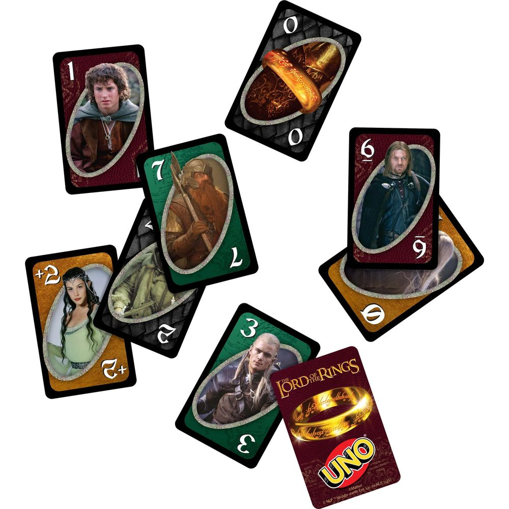 Verschiedene Herr der Ringe UNO-Karten mit Figuren wie Frodo, Aragorn und dem Ring.