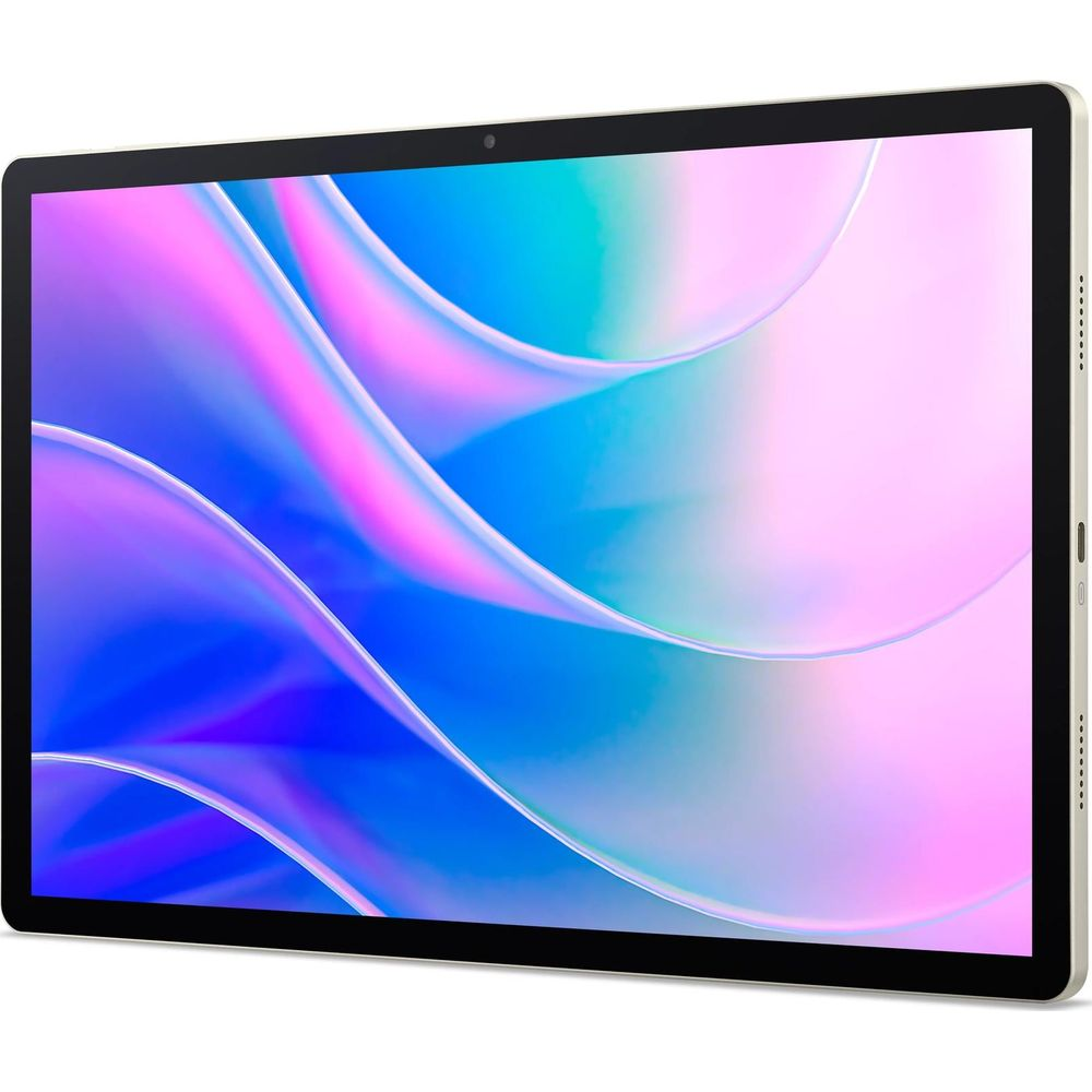 Un tablet con bordo bianco mostra uno sfondo astratto di linee curve blu e rosa.
