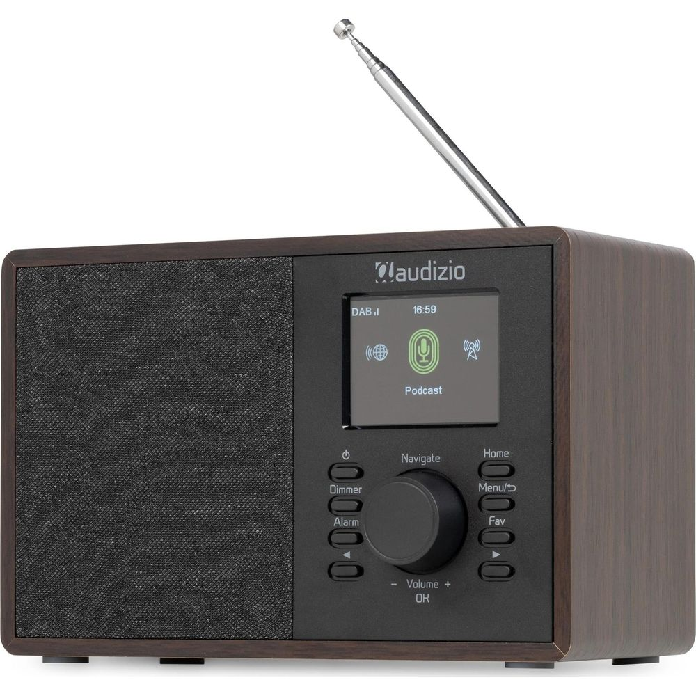 Radio Audizio con acabado en madera, pantalla, botones de control y antena extensible.
