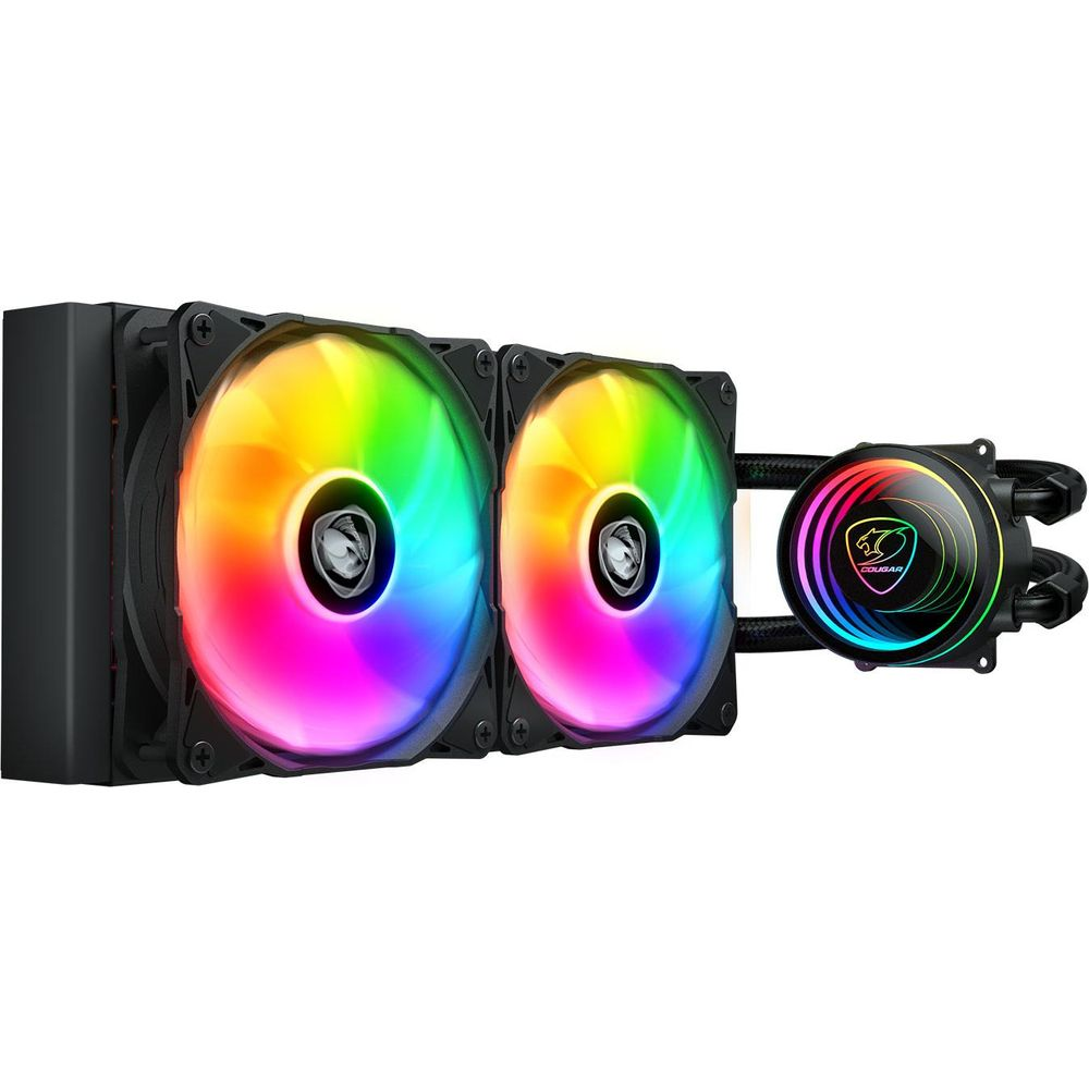 Sistema de refrigeración líquida con dos ventiladores RGB y bloque de CPU iluminado.