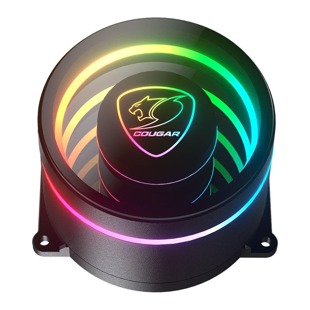 Un disipador de CPU Cougar redondo y negro con iluminación RGB brillante en colores del arco iris.