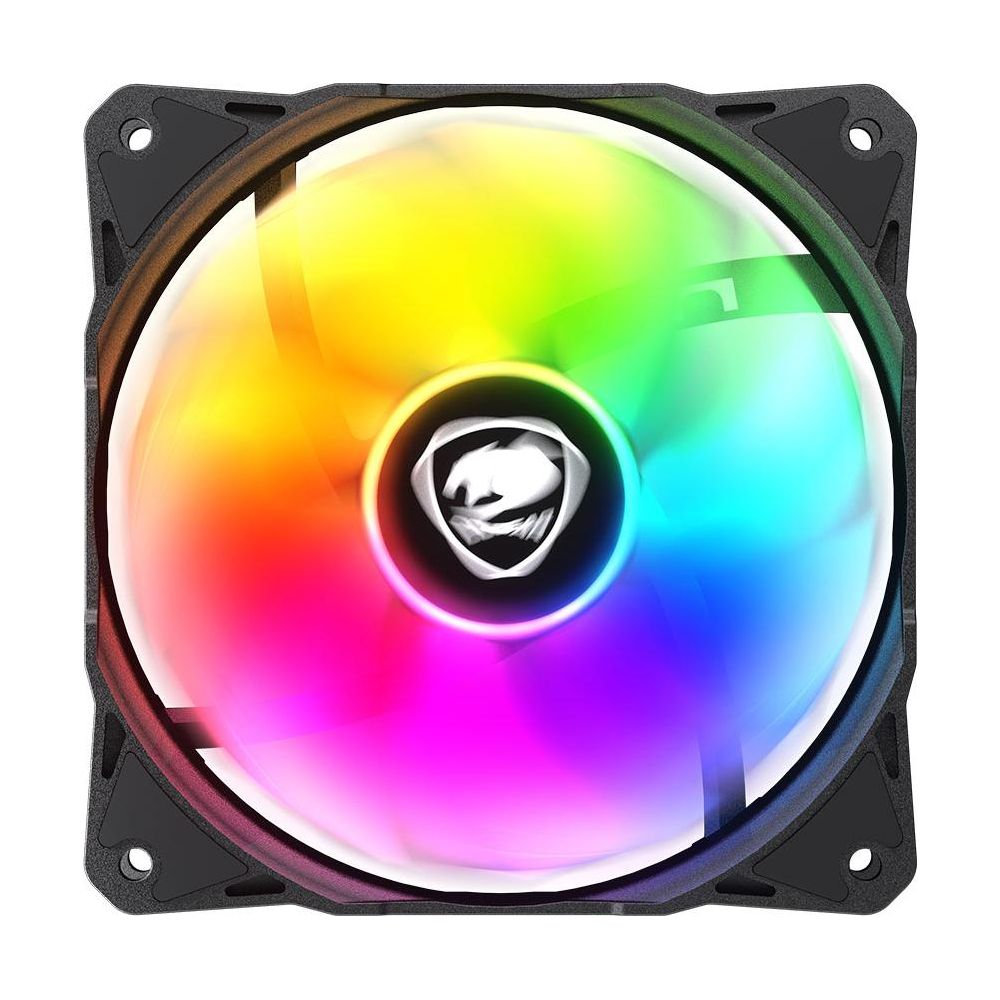 Un ventilador de PC cuadrado con iluminación RGB vibrante y un logotipo central.