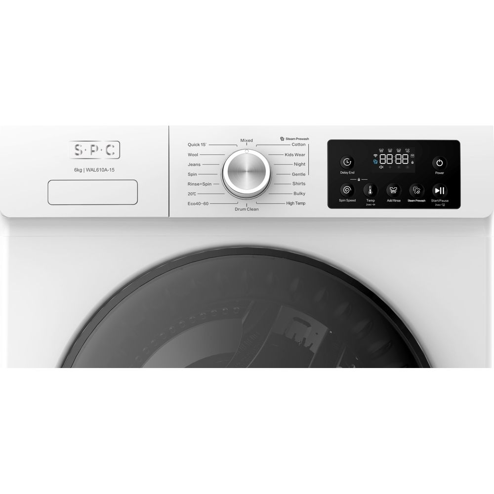 Vue de face d'un lave-linge blanc SPC avec molette et écran LED.