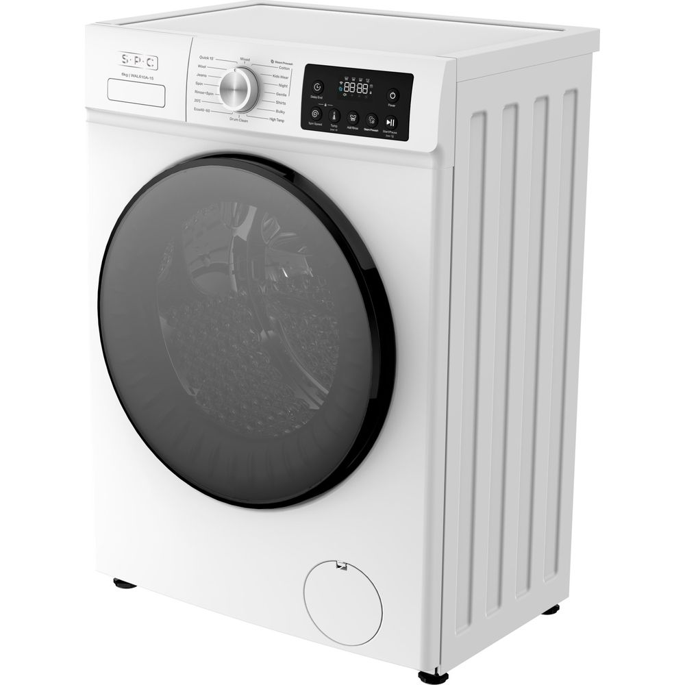 Un lave-linge blanc à hublot noir, écran numérique et sélecteur rotatif sur fond blanc.