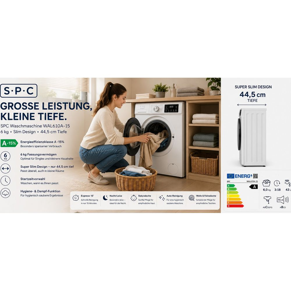 Une femme charge un lave-linge blanc dans une cuisine en bois clair, entourée de paniers à linge et de texte.