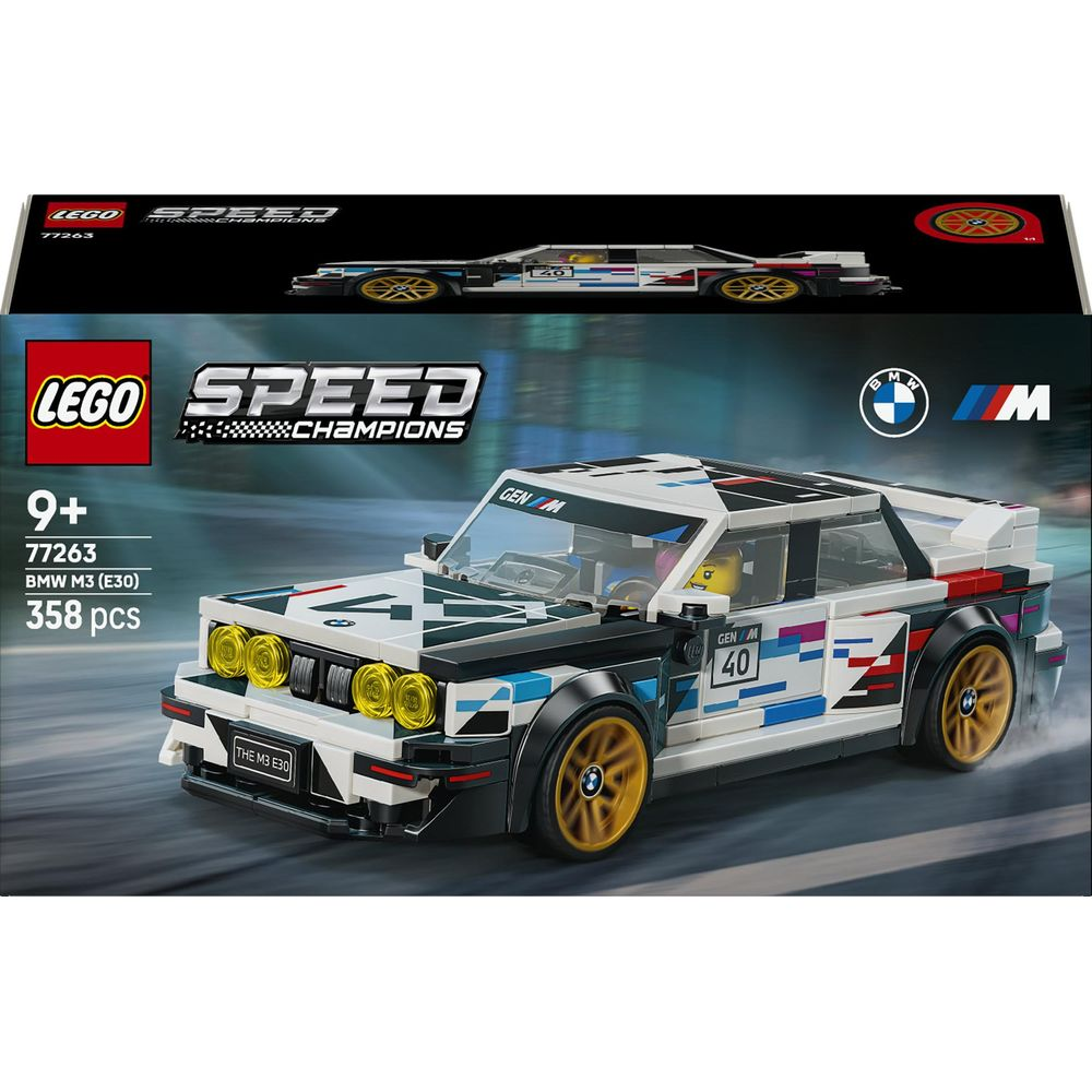 Set Lego Speed Champions BMW M3 E30 sulla confezione con sfondo stradale.