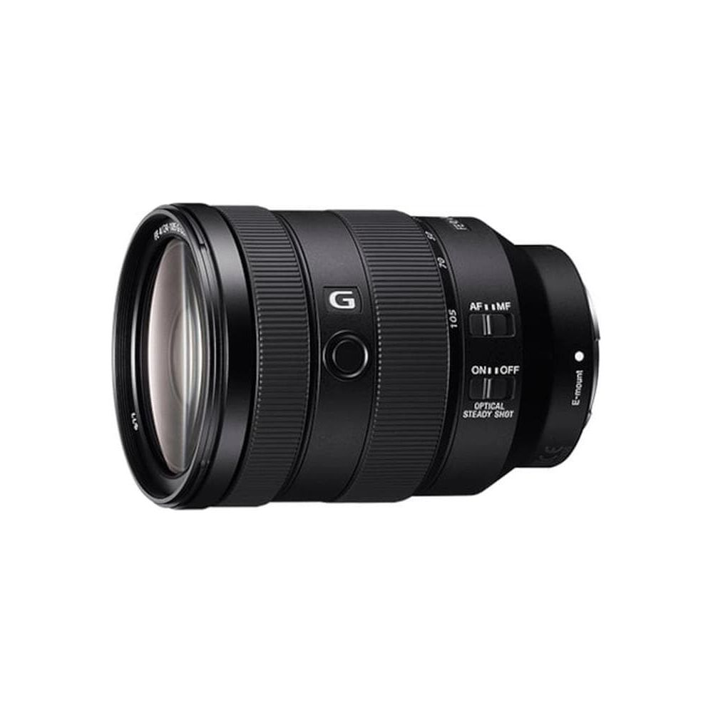 Obiettivo per fotocamera Sony G nero con attacco E e anelli di messa a fuoco su sfondo bianco.