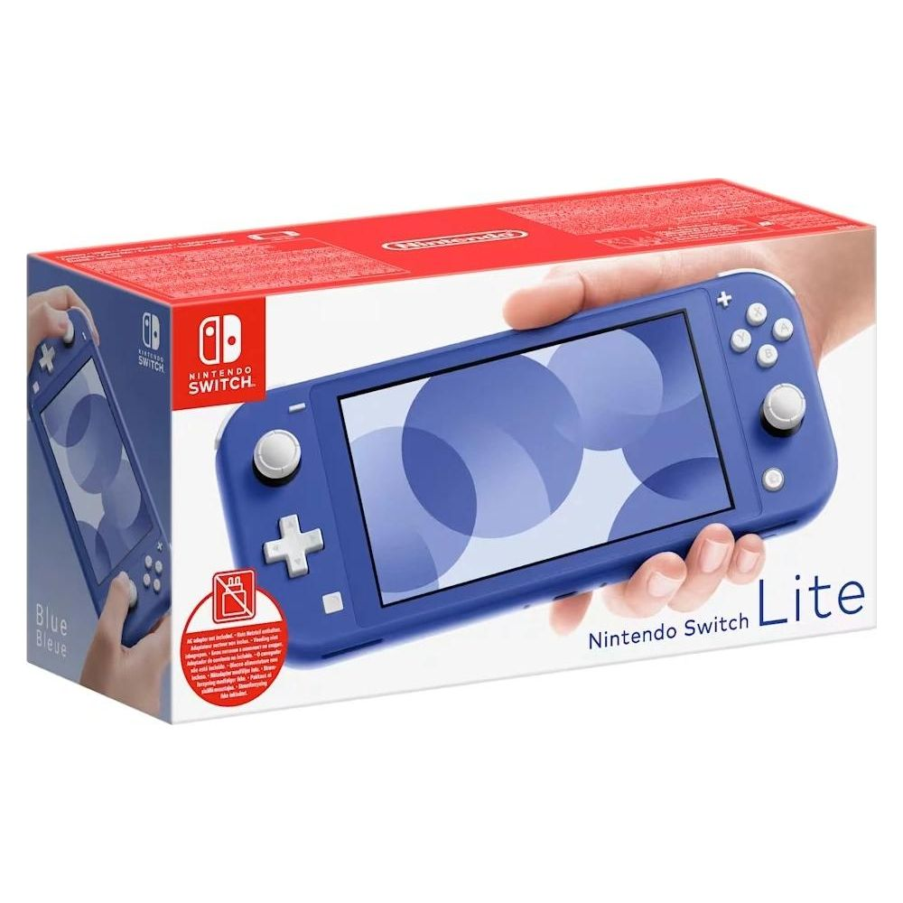 Console Nintendo Switch Lite blu davanti alla sua scatola rosso-bianca.