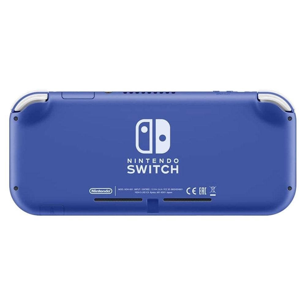 Vista posteriore di una console Nintendo Switch Lite blu con pulsanti superiori bianchi.