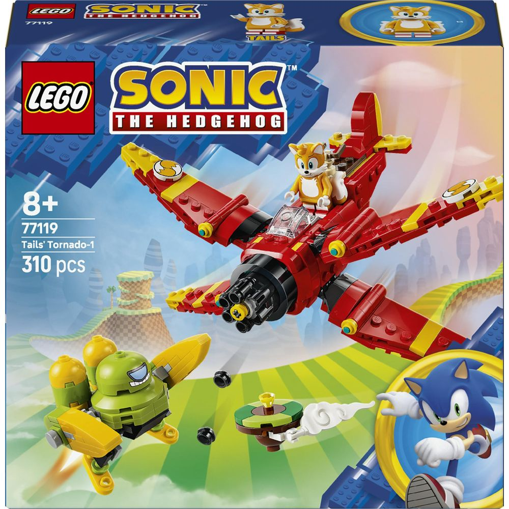 Set de Lego Sonic con Tails en avión rojo luchando contra un robot.