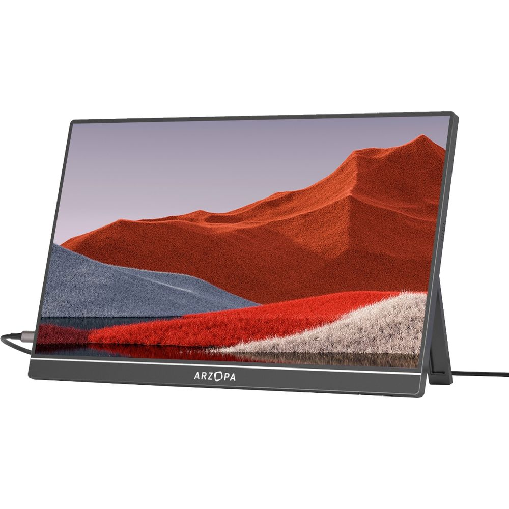 İnce bir Arzopa taşınabilir monitör ekranında kırmızı tepelik bir manzara gösteriyor.