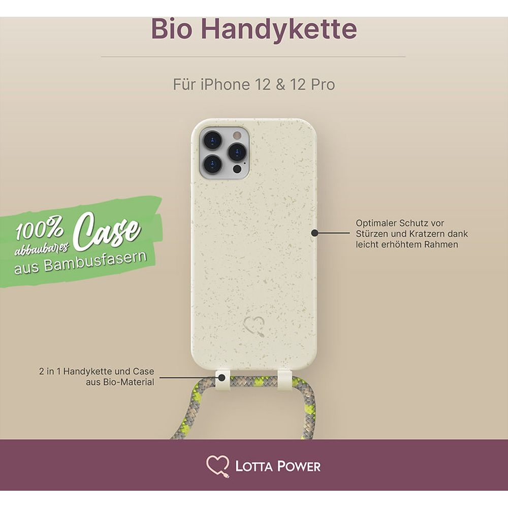 Beigefarbene Bio-Handyhülle aus Bambusfasern für iPhone 12 Pro mit Kordel und Texten in deutscher Sprache.